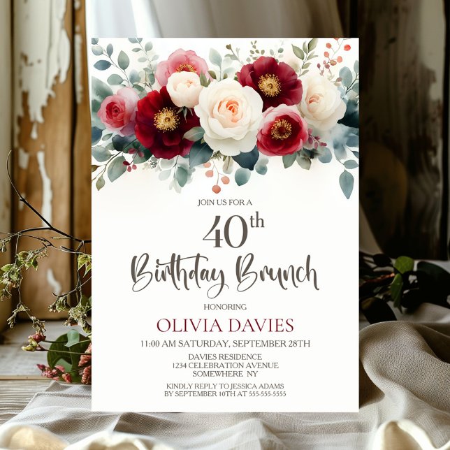 Burgundy and White Floral 40th Birthday Brunch Invitation (Creator Uploaded)