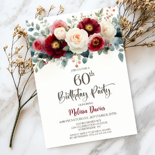 Burgundy and White Floral 60th Birthday Party Invitation