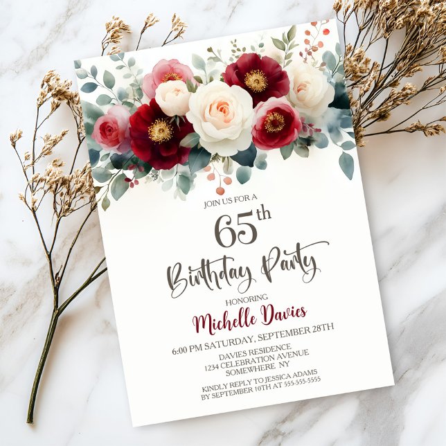 Burgundy and White Floral 65th Birthday Party Invitation (Creator Uploaded)