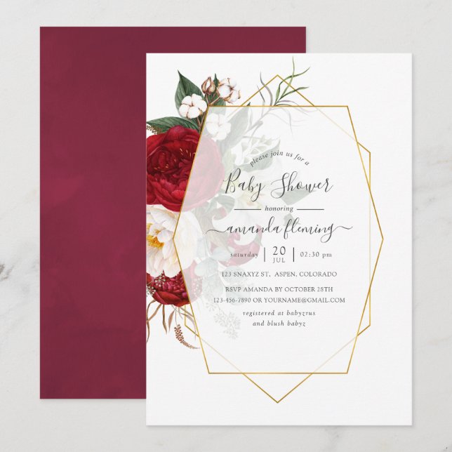 Burgundy and White Floral Geometric Baby Shower Invitation (Front/Back)