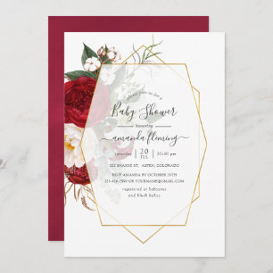 Burgundy and White Floral Geometric Baby Shower Invitation