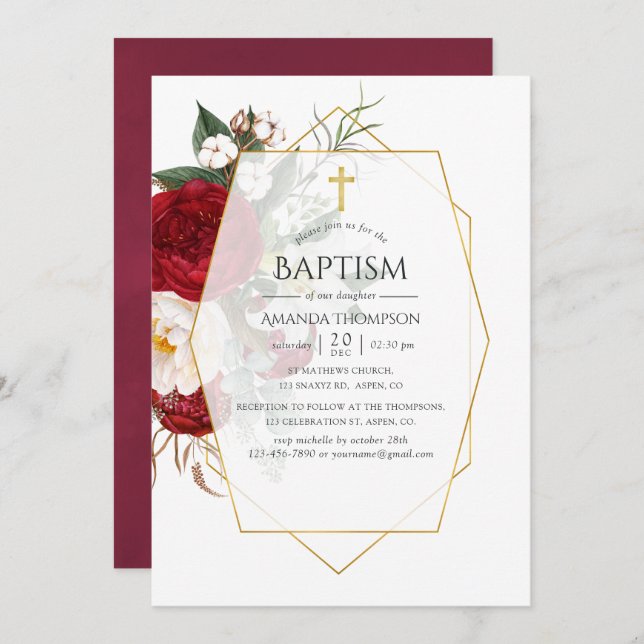 Burgundy and White Floral Geometric Baptism Invitation (Front/Back)
