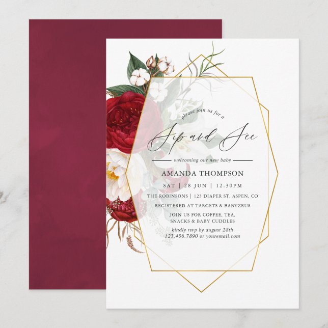 Burgundy and White Floral Geometric Sip and See Invitation (Front/Back)
