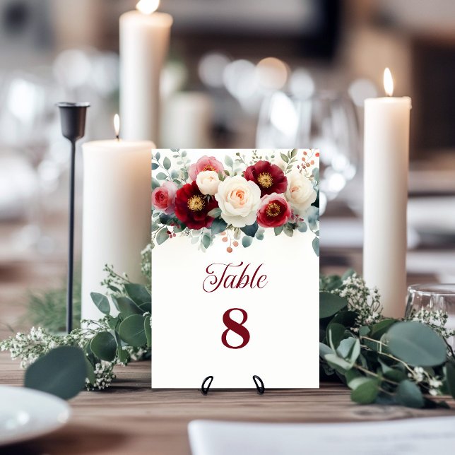 Burgundy and White Floral Wedding Table Number (Creator Uploaded)