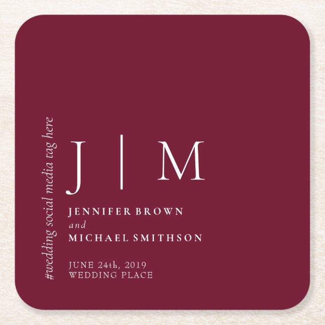 Burgundy and White Formal Simple Elegant Wedding Square Paper Coaster (Front)