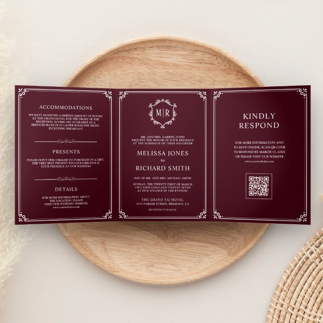 Burgundy and White Monogram QR Code Wedding Tri-Fold Invitation (Creator Uploaded)