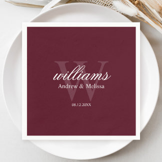 Burgundy and White Monogram Wedding Napkin