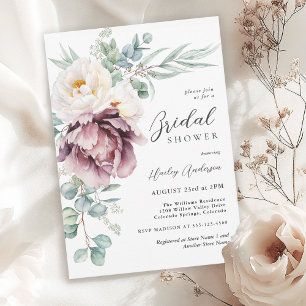 Burgundy and White Peonies Floral Bridal Shower Invitation