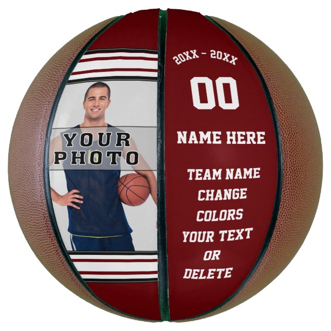Burgundy and White Personalised Photo Basketball (Vertical)