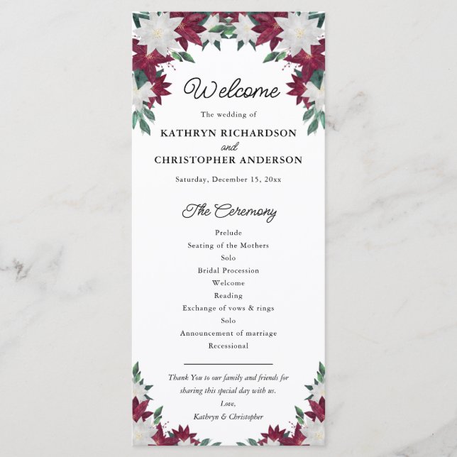Burgundy and White Poinsettia Christmas Wedding Programme (Front)