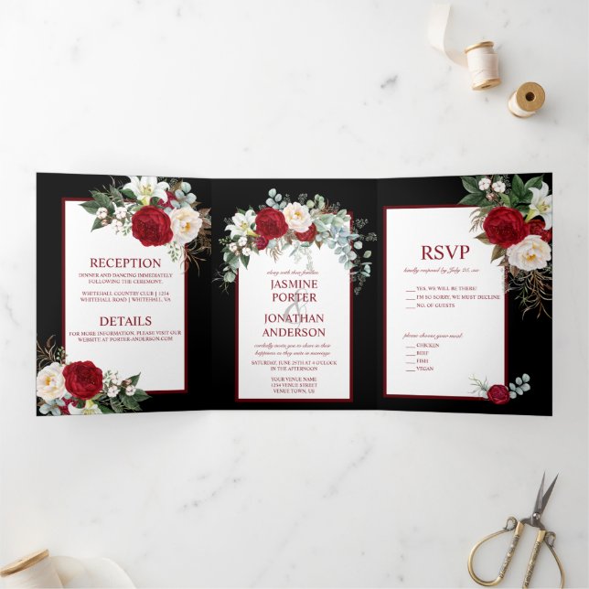 Burgundy and White Roses, on Black Background Tri-Fold Invitation (Inside)