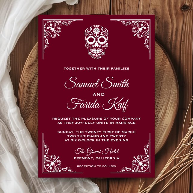 Burgundy and White Sugar Skull Wedding Invitation (Creator Uploaded)