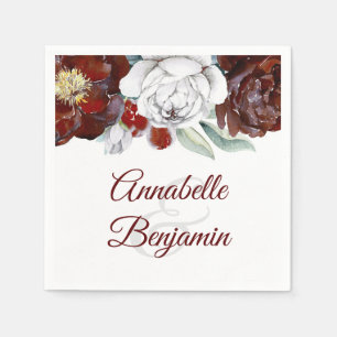 Burgundy and White Watercolor Floral Wedding Napkin
