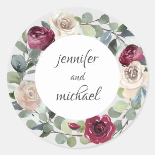 Burgundy and White Watercolor Roses Floral Classic Round Sticker