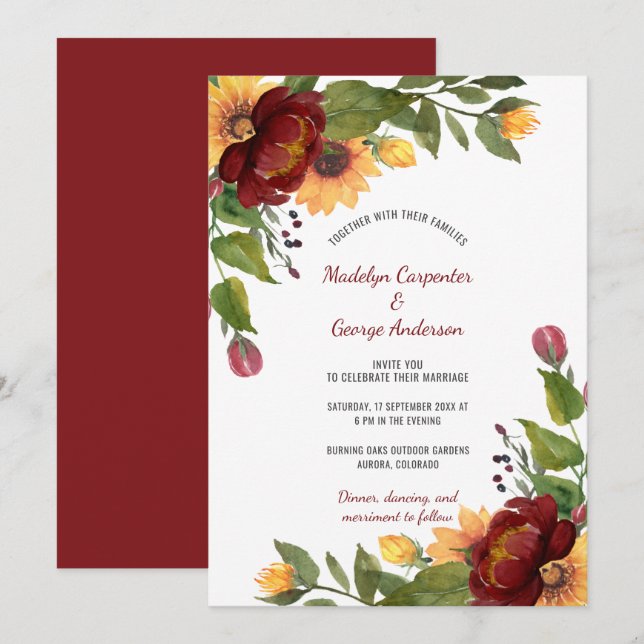 Burgundy and Yellow Peonies Sunflowers Wedding | Invitation (Front/Back)