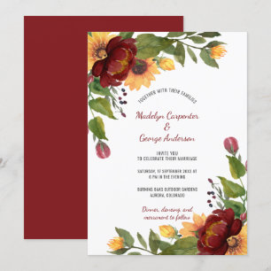 Burgundy and Yellow Peonies Sunflowers Wedding Invitation