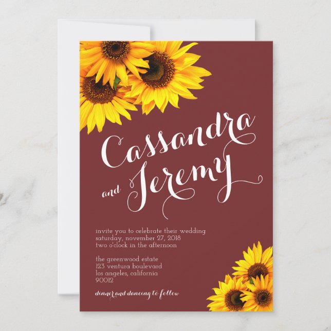 Burgundy and Yellow Sunflowers Wedding Invitation (Front)
