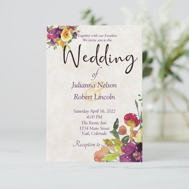 Burgundy and yellow watercolor floral wedding invi invitation (Standing Front)