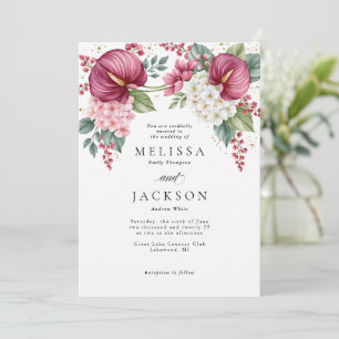 Burgundy Anthurium and Hydrangea Wedding Invitation