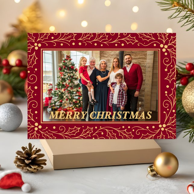 Burgundy & Antique-Gold Family Christmas Photo Holiday Card (Creator Uploaded)