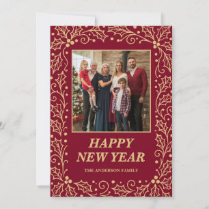 Burgundy & Antique-Gold Family New Year Photo Holiday Card