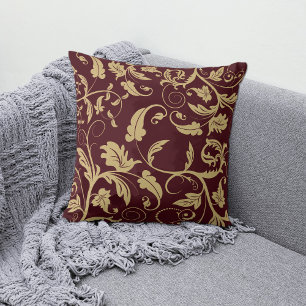 Burgundy Antique Gold Retro Leaf Swirl Cushion