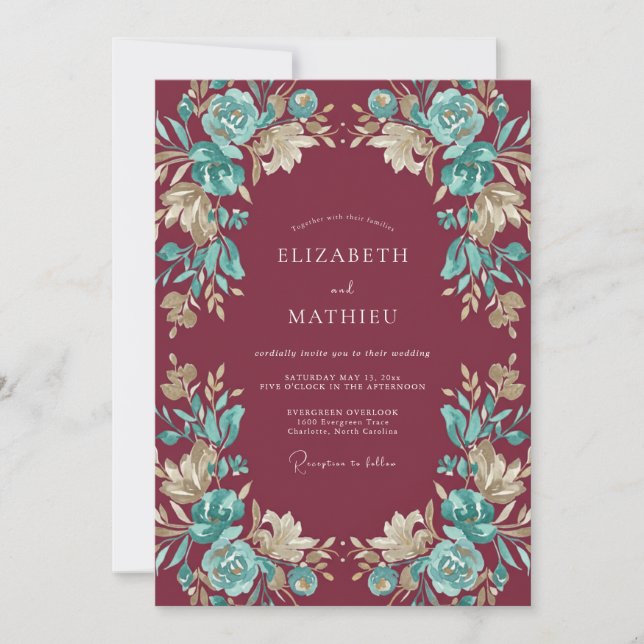 Burgundy Aqua Painted Wedding Invitation (Front)