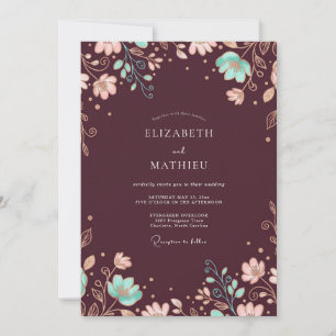 Burgundy Aqua Vine Wedding Invitation