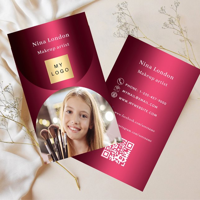 Burgundy arch photo Qr social media logo premium Business Card (Creator Uploaded)