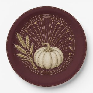 Burgundy Art Deco Thanksgiving Paper Plate