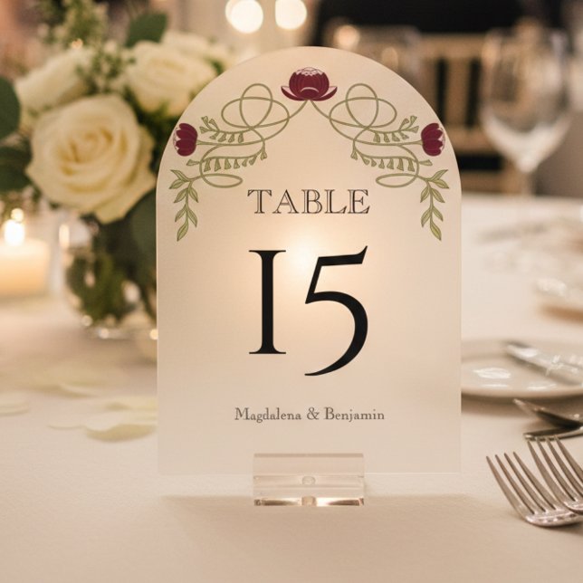 Burgundy Art Nouveau Floral Wedding Table Number (Creator Uploaded)