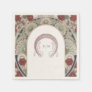 Burgundy Art Nouveau Monogram Initials Navy Napkin