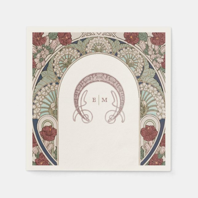 Burgundy Art Nouveau Monogram Initials Navy Napkin (Front)