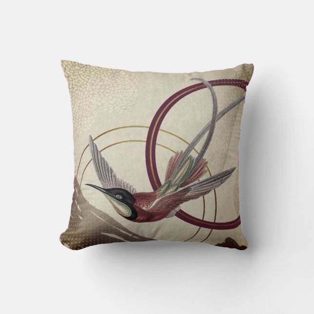 Burgundy Artistic Abstract Hummingbird Cushion (Front)