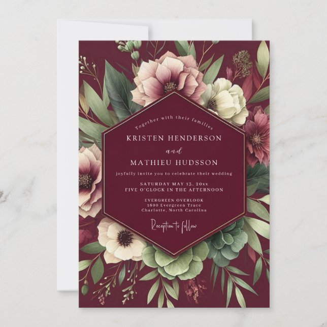 Burgundy Artistic Bloom Wedding Invitation (Front)