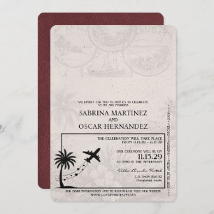 Burgundy Aruba Passport Wedding Invitation