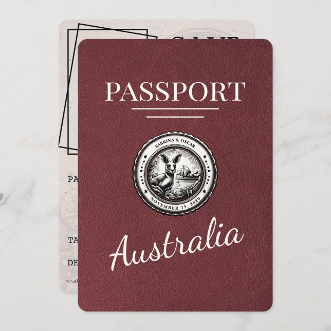 Burgundy Australia Passport Save The Date (Front/Back)