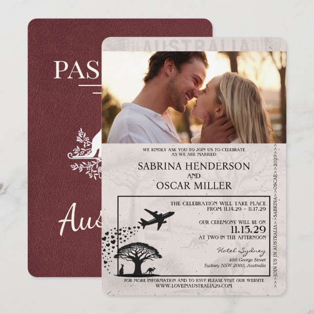 Burgundy Australia Passport Wedding Invitation (Front/Back)