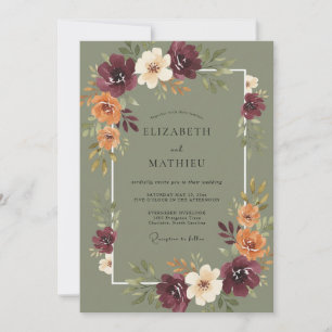 Burgundy Autumn Bloom Garland Wedding Invitation