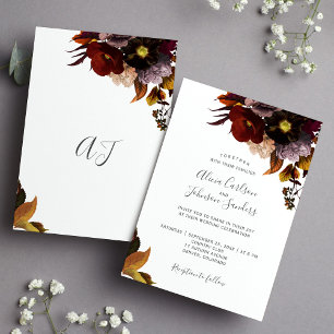 Burgundy autumn fall floral rustic wedding invitation