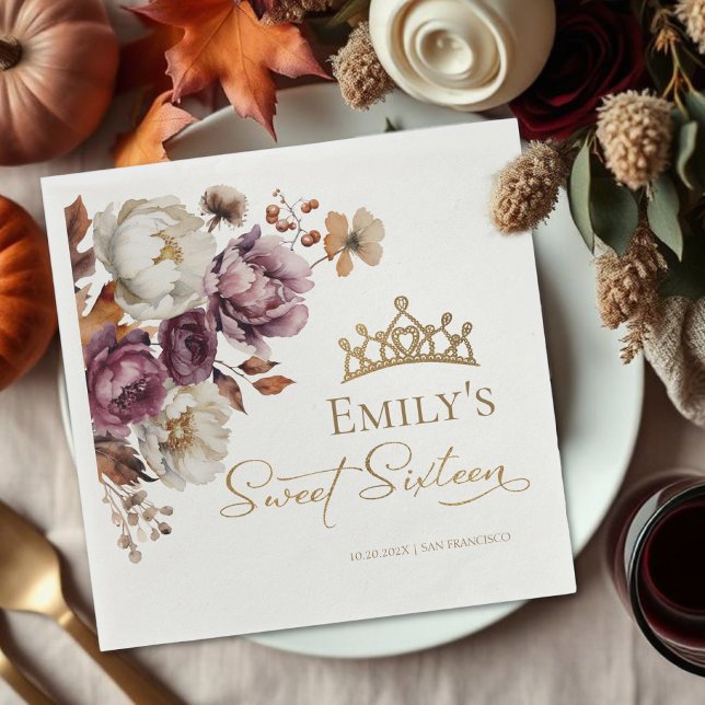 Burgundy Autumn Fall Floral Sweet 16 Napkin (Creator Uploaded)