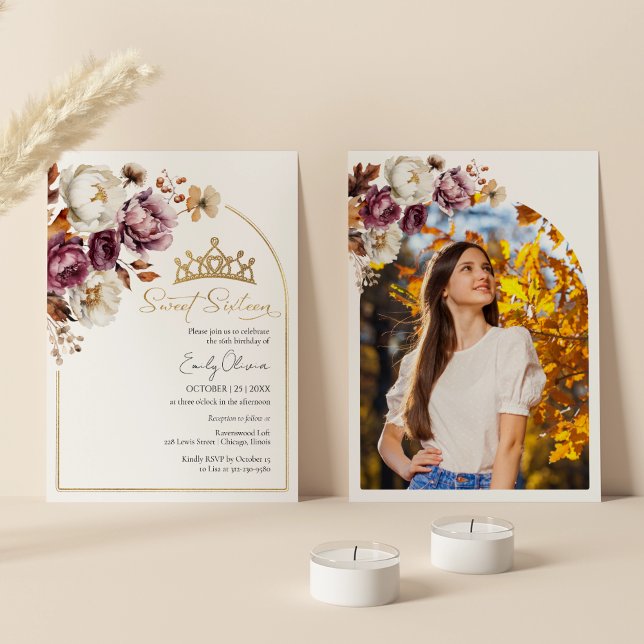 Burgundy Autumn Fall Floral Sweet 16 Photo Invitation (Creator Uploaded)