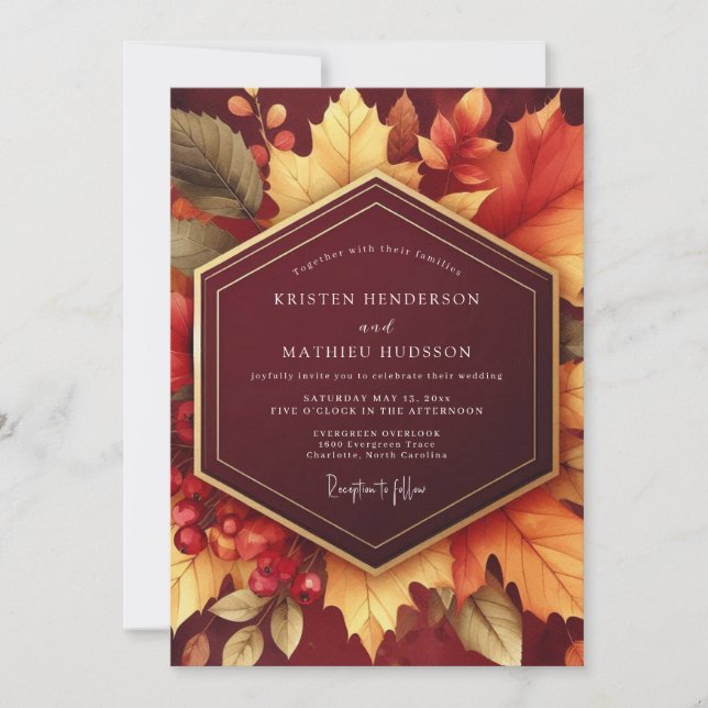 Burgundy Autumn Floral Flourish Wedding Invitation (Front)