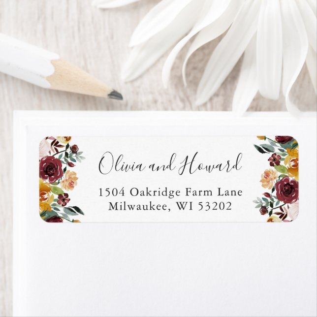 Burgundy Autumn Floral Return Address Label (Insitu)