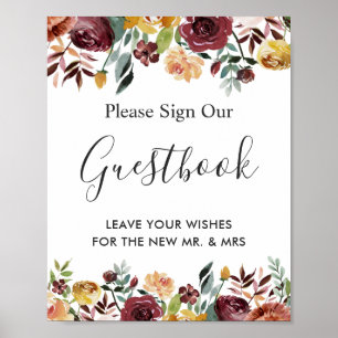 Burgundy Autumn Floral Wedding Guestbook Sign