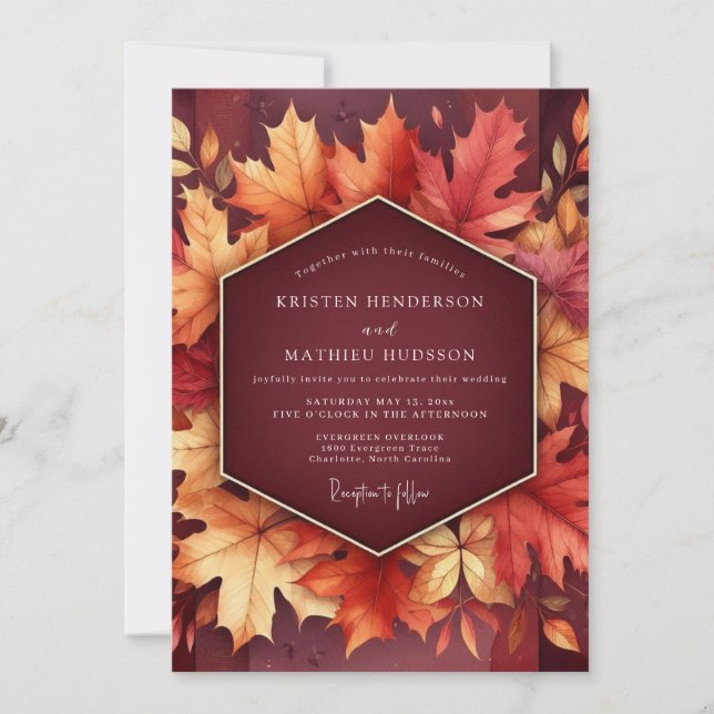 Burgundy Autumn Leaf Flourish Wedding Invitation (Front)