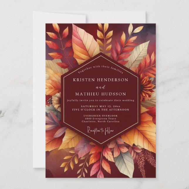 Burgundy Autumn Leaf Romance Wedding Invitation (Front)
