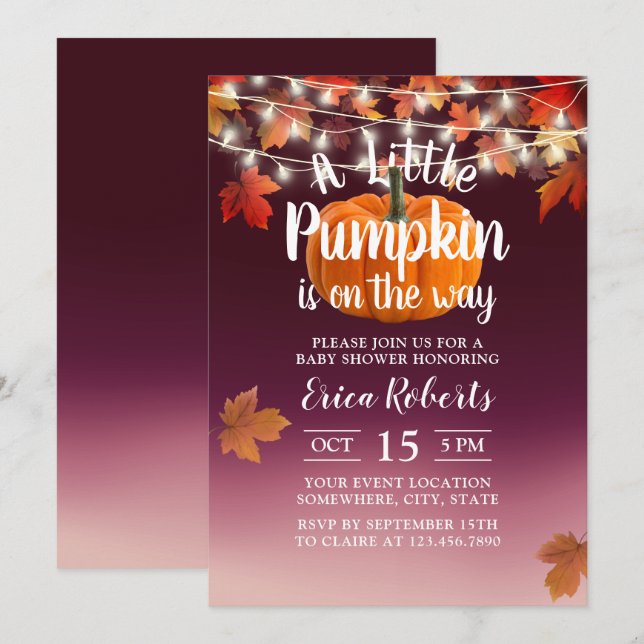Burgundy Autumn Little Pumpkin Baby Shower Invitation (Front/Back)
