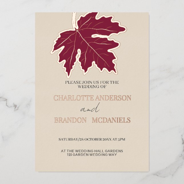 Burgundy Autumn Maple Leaf Wedding Rose Gold    (Front)