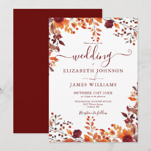 Burgundy Autumn Rustic Floral Leaves Wedding Invitation